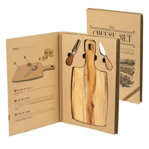 Wooden chopping board and cheese set with wooden handles, 3/1